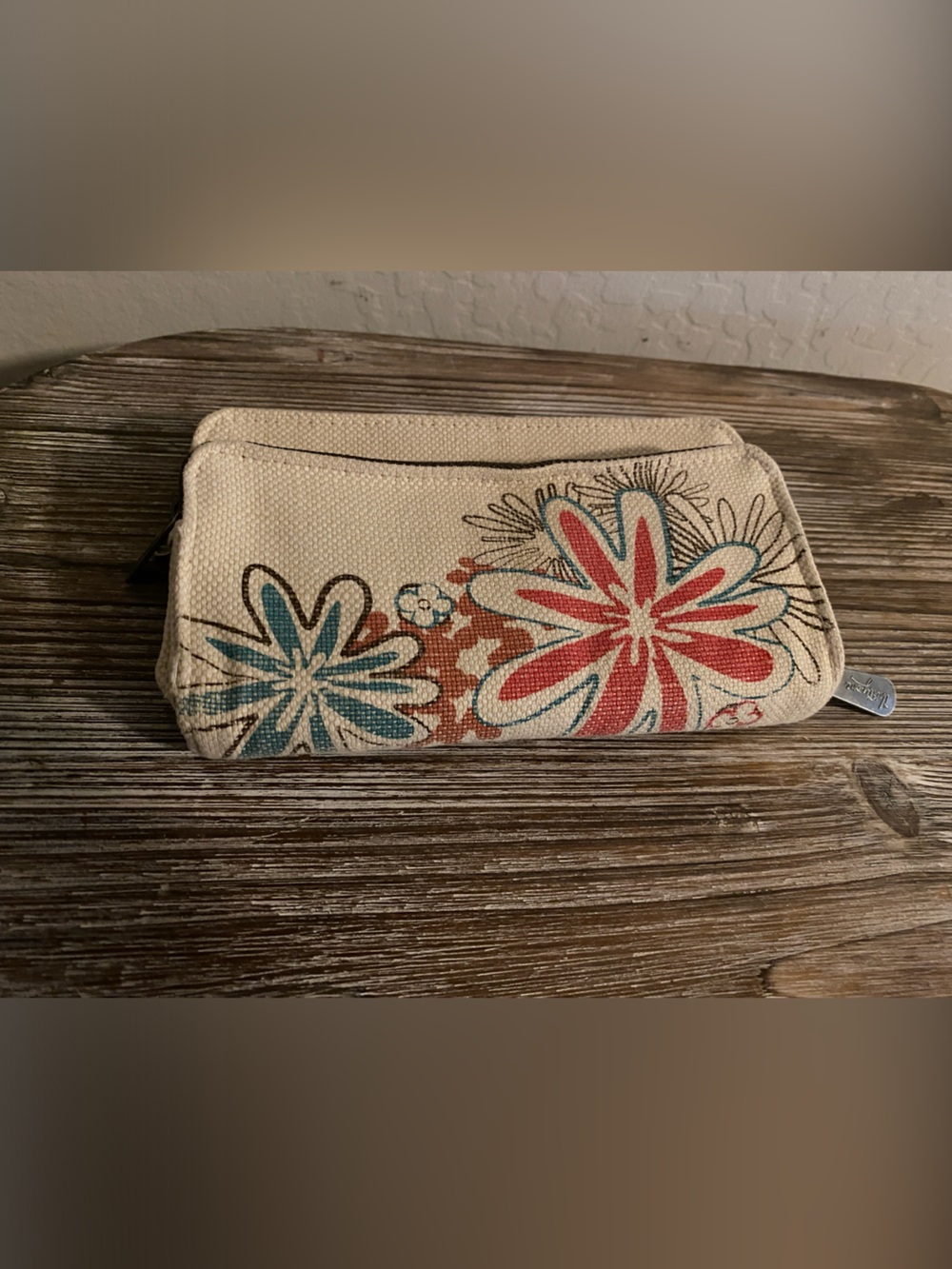 thirty-one Canvas Floral Wallet - Cream with Red & Teal Flowers